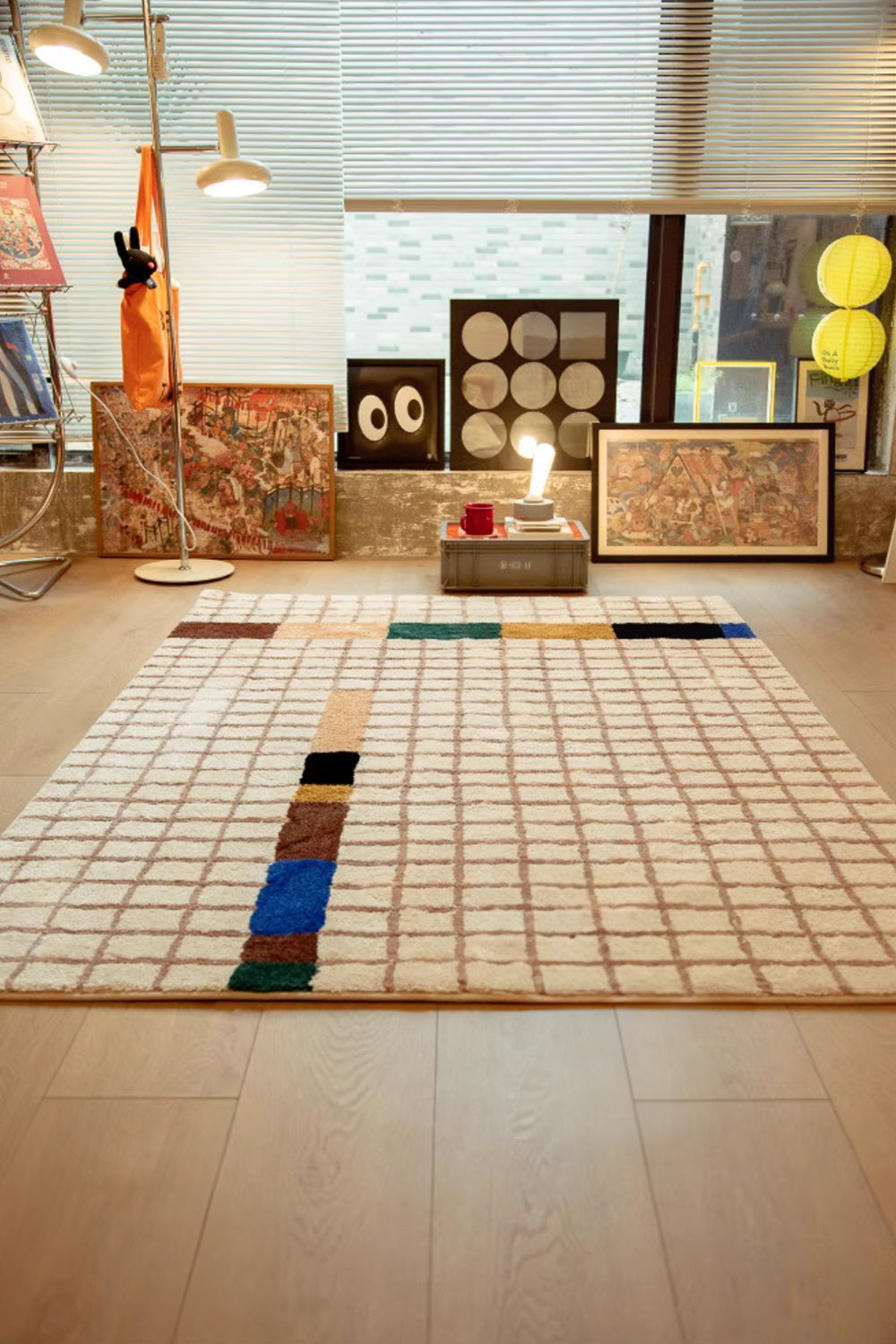 Modern Grid Tufted Rug – Cream Beige with Color Blocks