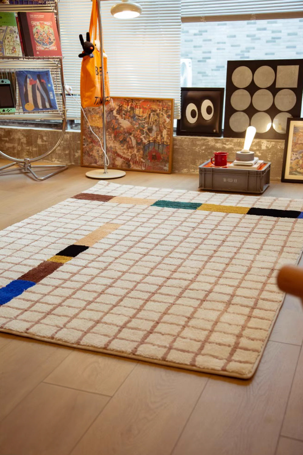 Modern Grid Tufted Rug – Cream Beige with Color Blocks