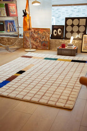 Modern Grid Tufted Rug – Cream Beige with Color Blocks