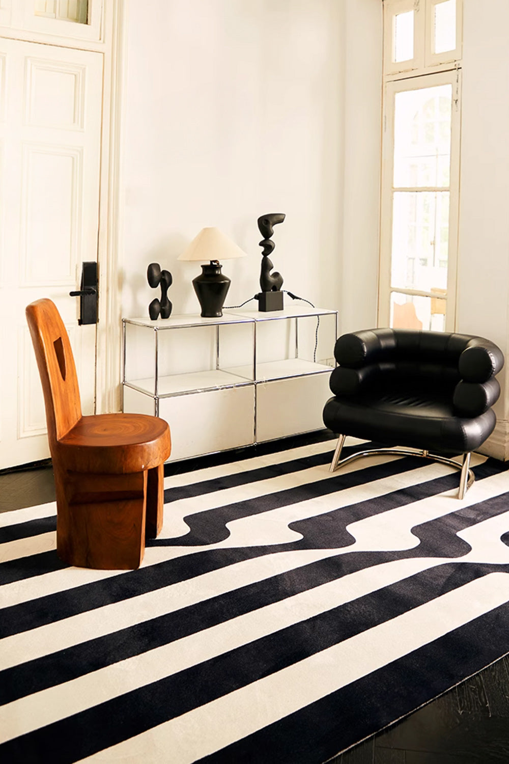Mid-Century Black Wavy Irregular Area Rug