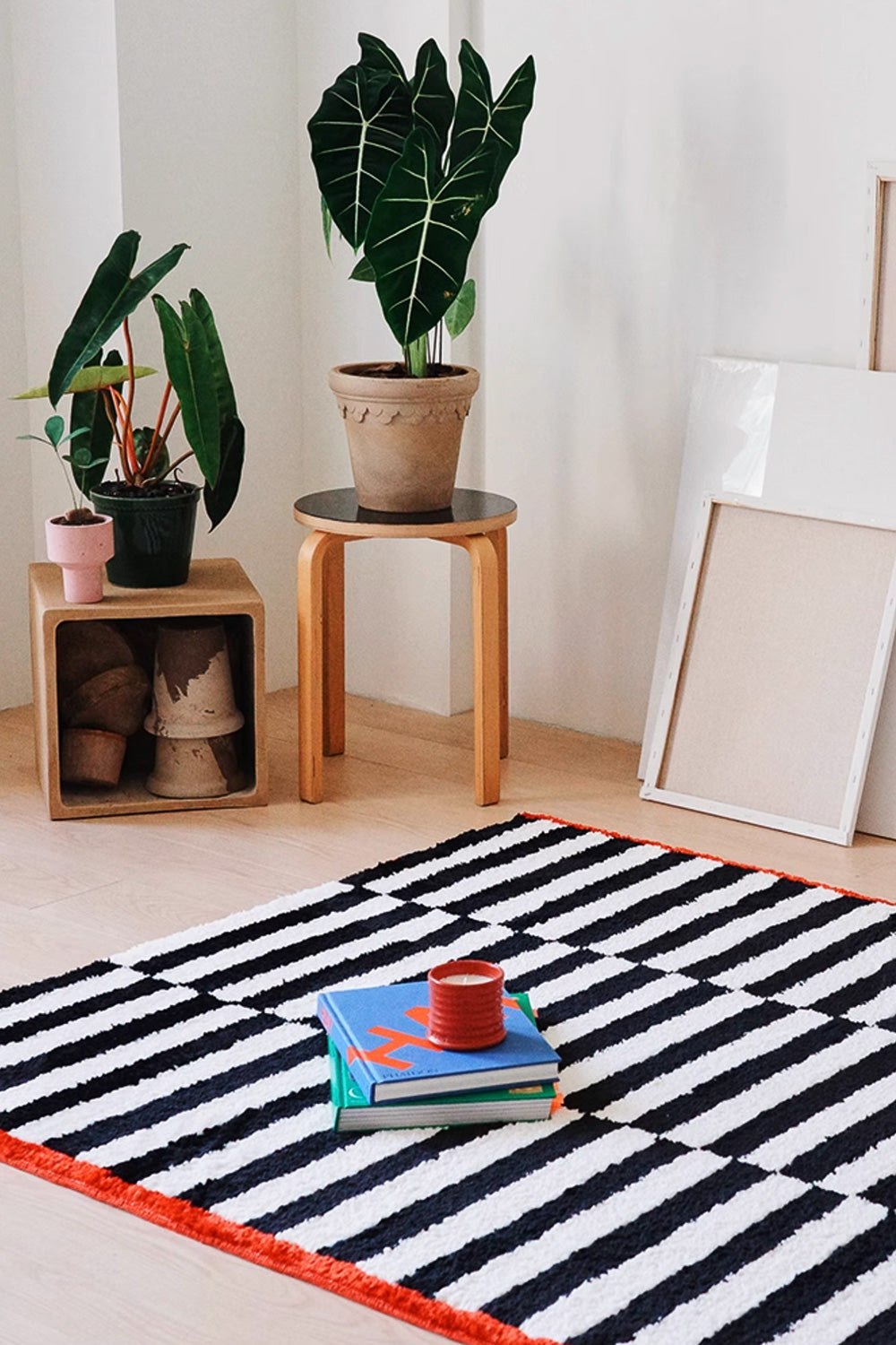 Bauhaus Black and White Striped Rug with Red Edging