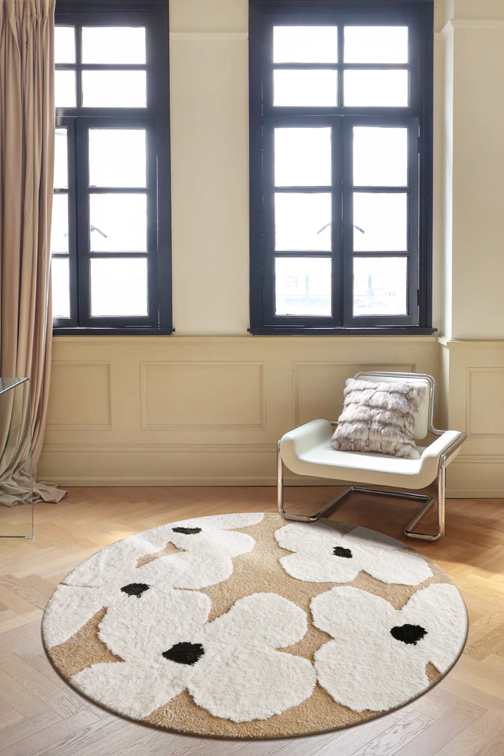 Cream & Caramel Round Flower Rug