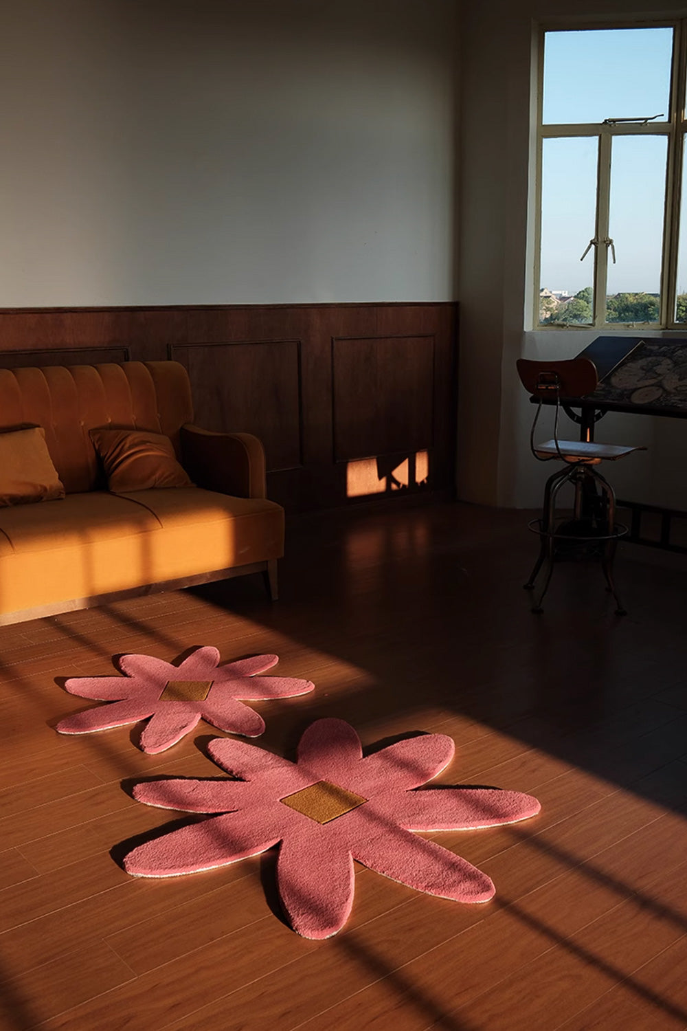 Irregular Pink Flower Rug with Brown Center